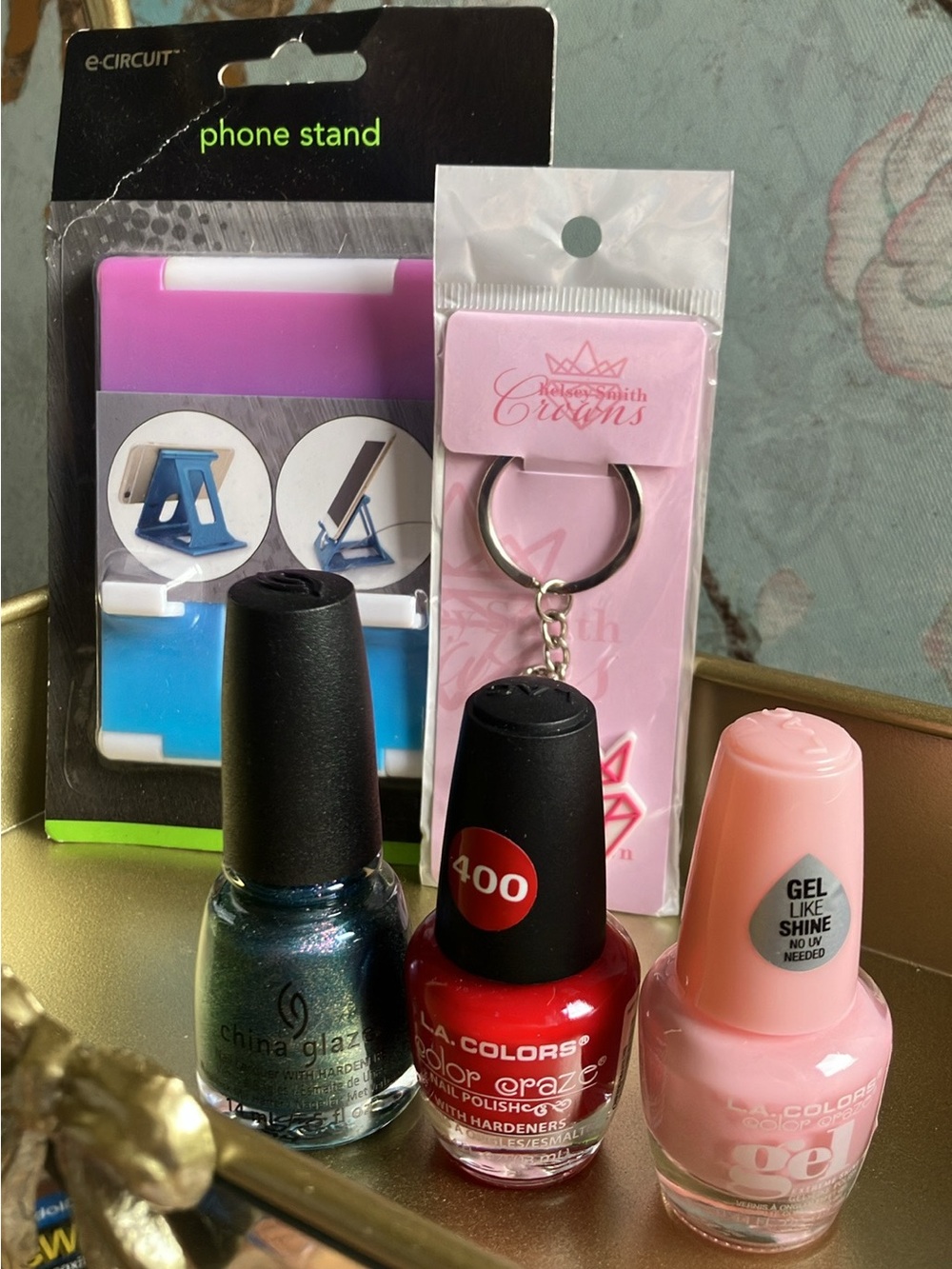 Treat yourself bundle - Nail Polish Trio, Crown Key Ring, Plastic Phone Stand